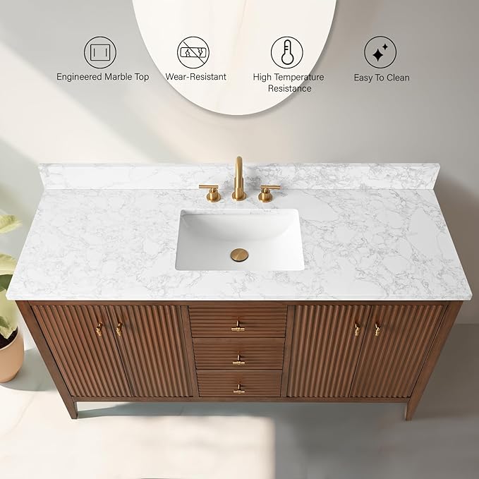 Vanity Art 60 inch Walnut Bathroom Vanity with Single Sink & Ceramic Top, Vanity Cabinet with Soft-Closing Door, Solid Wood Frame, Linear Pattern, Walnut, VA9160-SWalnut-MB,Matte Black Handles