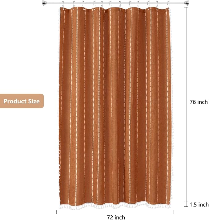 Seenus 72 x 76 inch Extra Long Boho Chic Shower Curtain Heavyweight with Tassels, Sunset Orange Linen Textured Fabric Farmhouse Shower Curtain, Elegant White Striped Bathroom Curtain Water Repellent