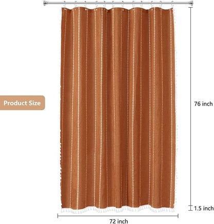 Seenus 72 x 76 inch Extra Long Boho Chic Shower Curtain Heavyweight with Tassels, Sunset Orange Linen Textured Fabric Farmhouse Shower Curtain, Elegant White Striped Bathroom Curtain Water Repellent