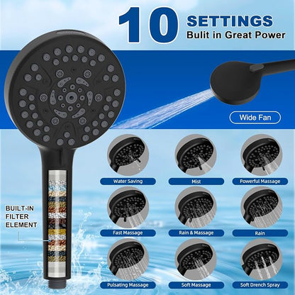 Metal 12" Rain Showerhead with 10-Spray Handheld, Easy Reach 4-way Diverter | Matte Black Finish, Upgraded High Pressure Shower Head with Pause Mode, 71" Stainless Steel Hose/12" Extension Arm