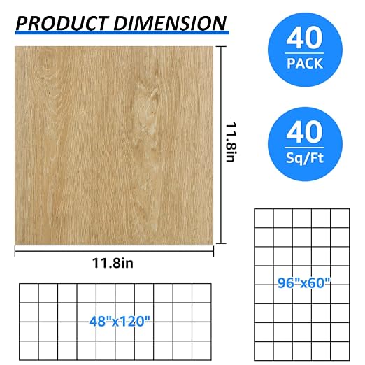 40 Sheet Vinyl Flooring 12x12 Peel and Stick Floor Tile Waterproof Clearance Vinyl Floor Tiles Light Wood Self Adhesive Floor Tiles Sticky Laminate Flooring for Bathroom Kitchen Basement RV