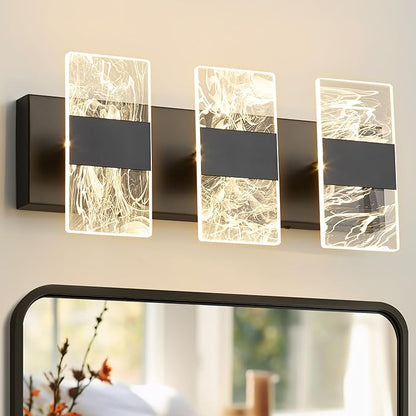 Modern LED Bathroom Light Fixtures Dimmable 3-Light Black Vanity Light, 5CCT Adjustable Lighting Fixture Vanity Lights Over Mirror, Smoked Acrylic LED Vanity Lights for Bathroom
