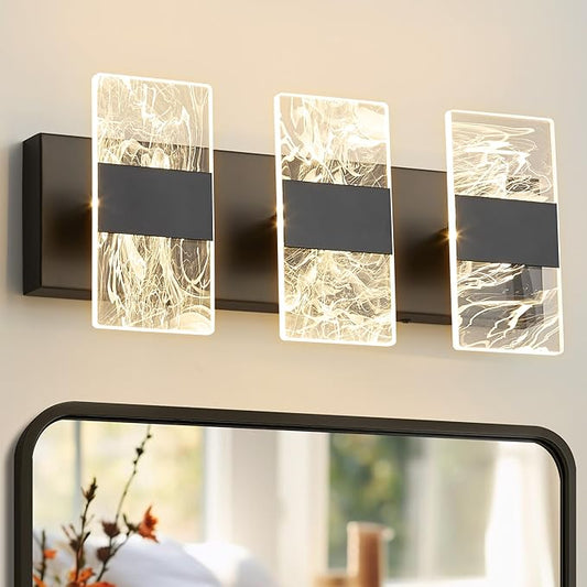 Modern LED Bathroom Light Fixtures Dimmable 3-Light Black Vanity Light, 5CCT Adjustable Lighting Fixture Vanity Lights Over Mirror, Smoked Acrylic LED Vanity Lights for Bathroom