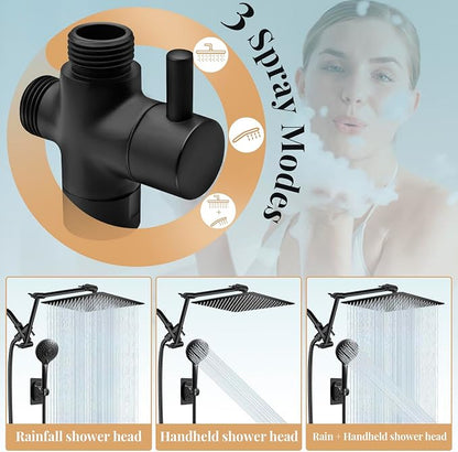 12" Black Rain Shower Head with Handheld Spray and 16" Extension Arm | High Pressure with Flexible Adjustment of Height/ Angle Upgraded Arm and 5 Setting Handheld Shower Head with Hose, Anti-leak