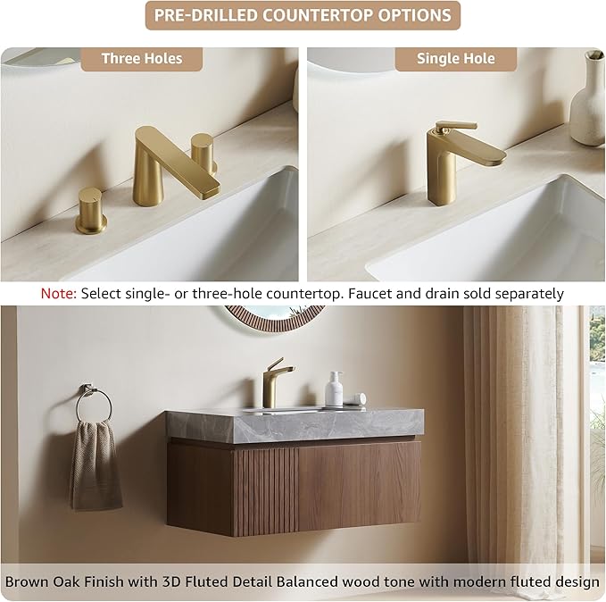 36” Floating Bathroom Vanity with Sink, Wall-Mounted Cabinet with Drawer & Doors, Gray Travertine-Pattern Sintered Stone Top, Undermount Basin, Single Faucet Hole, Soft-Close, Pre-Assembled, Brown Oak