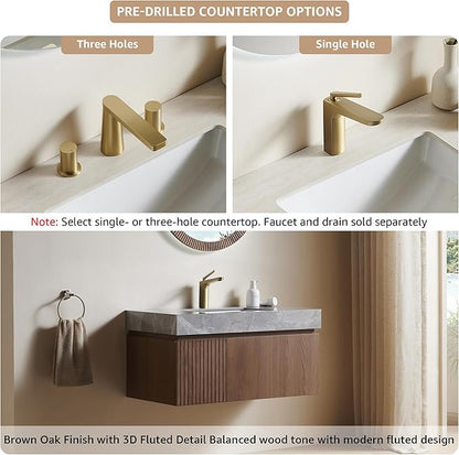 30” Floating Bathroom Vanity with Sink, Wall-Mounted Cabinet with Drawer & Doors, Gray Travertine-Pattern Sintered Stone Top, Undermount Basin, Single Faucet Hole, Soft-Close, Pre-Assembled, Brown Oak