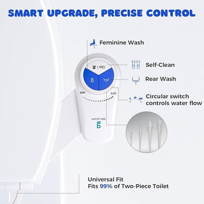 Bidet Attachment for Toilet Seat, Non-Electric Cold Water Bidet with Pressure Controls, Dual Nozzles for Frontal & Rear Wash, Retractable Self-Cleaning for Female & Old- White