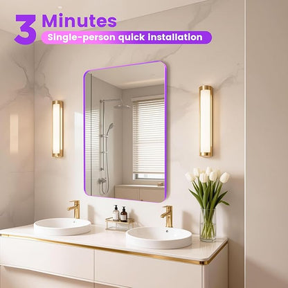 18" x 24" Purple Bathroom Mirror Wall Mounted, Matte Aluminum Alloy Frame with Rounded Corners, Shatterproof Tempered Glass, Anti-Rust HD Vanity Mirror for Bathroom, Bedroom, Entryway