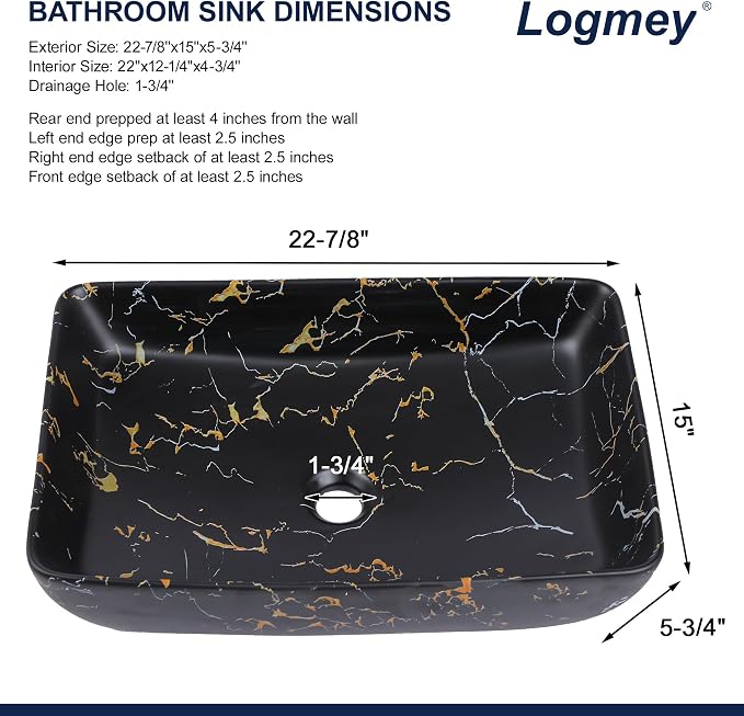 Logmey Rectangle Marble Black Vessel Sink | 23"x15" Ceramic Countertop Bathroom Sink Modern Black Yellow Marble Pattern Porcelain Vanity Sink Lavatory Art Basin