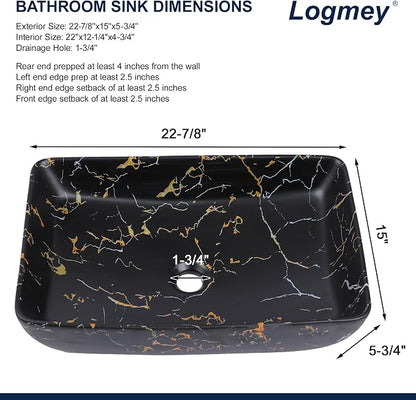 Logmey Rectangle Marble Black Vessel Sink | 23"x15" Ceramic Countertop Bathroom Sink Modern Black Yellow Marble Pattern Porcelain Vanity Sink Lavatory Art Basin