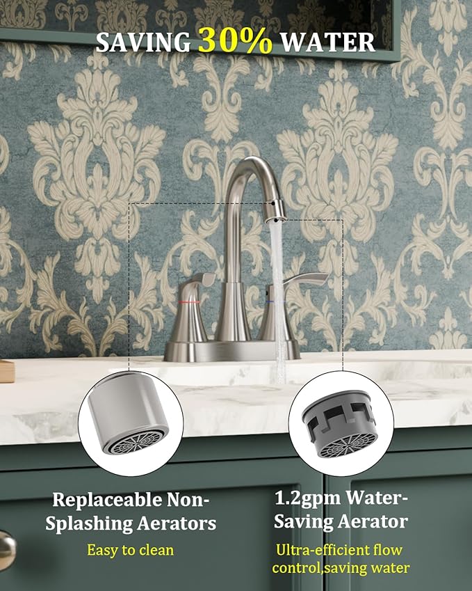 Brushed Nickel Bathroom Faucet 3 Hole, Evolvegoods 4 Inch Stainless Steel Bathroom Sink Faucet, 2 Handle Centerset Faucet for Bathroom Sink Vanity, with Pop Up Drain and 2 Supply Hoses