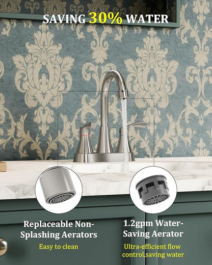 Brushed Nickel Bathroom Faucet 3 Hole, Evolvegoods 4 Inch Stainless Steel Bathroom Sink Faucet, 2 Handle Centerset Faucet for Bathroom Sink Vanity, with Pop Up Drain and 2 Supply Hoses
