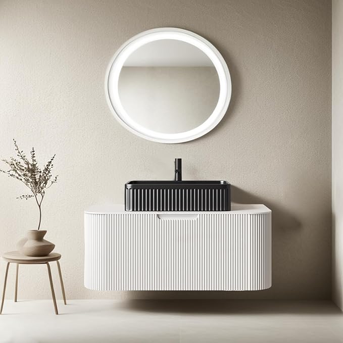 36 Inch Floating Bathroom Vanity with Sink, Modern Bathroom Vanities with Black Rectangular Ceramic Basin and Marble Top, Solid Wood Soft-Close Drawer, Pre-Assembled, Glossy White