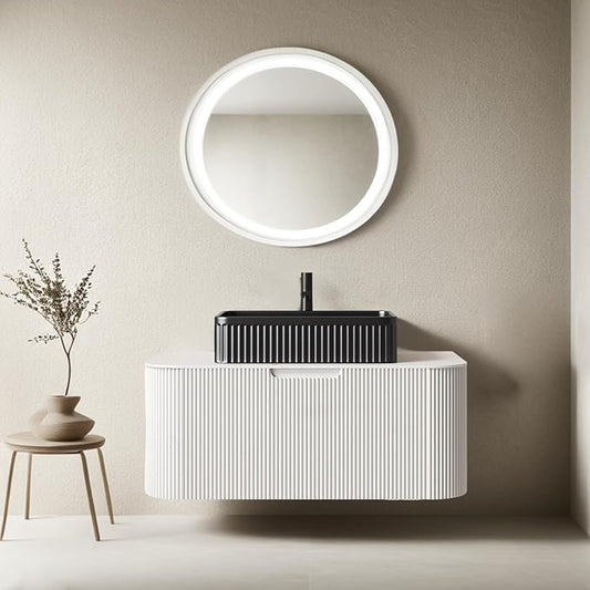 36 Inch Floating Bathroom Vanity with Sink, Modern Bathroom Vanities with Black Rectangular Ceramic Basin and Marble Top, Solid Wood Soft-Close Drawer, Pre-Assembled, Glossy White