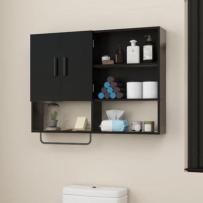 Bathroom Wall Cabinet, Medicine Cabinet, with Towel Bar & 2 Doors, Black