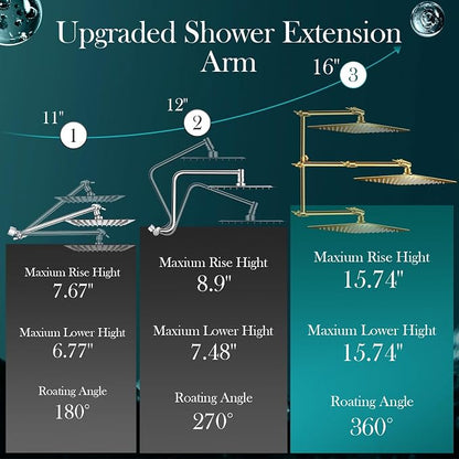 12'' Gold Rain Shower Head with 16” Extension Arm and 5 Setting Handheld | High Pressure Rainfall Shower Head with Flexible Adjustable Height and Angle Arm,Stainless Steel and Anti-leak
