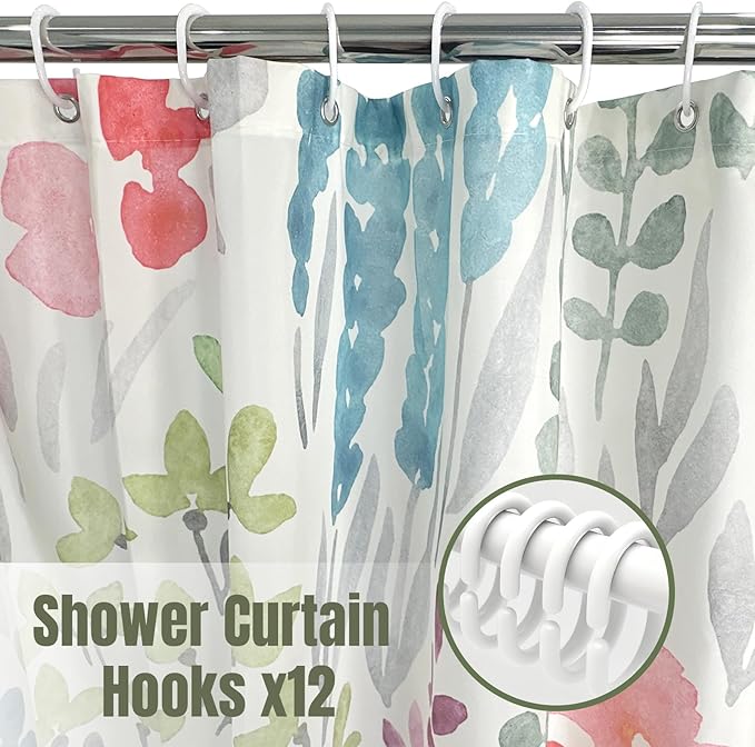 Cute Abstract Floral Shower Curtain, Watercolor Colorful Wildflowers and Plant Leaves, Waterproof Polyester Fabric Shower Curtains Sets with Hooks for Bathroom 72x72 Inches