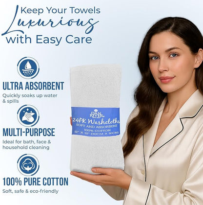 DAN RIVER 24 Pack Cotton Wash Cloths Set for Showering [12x12] Assortment 5 | Lighter Weight, Quick to Dry, Super Soft & Absorbent Face Towels, Hotel Quality, Perfect for Bathroom, Gym, Spa