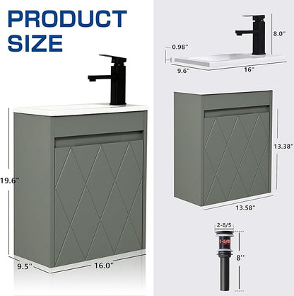 16" Bathroom Vanity Sink Combo for Small Space, Wall Mounted Bathroom Cabinet Set with White Resin Basin Sink Top Black Faucet Pop Up Drain Green
