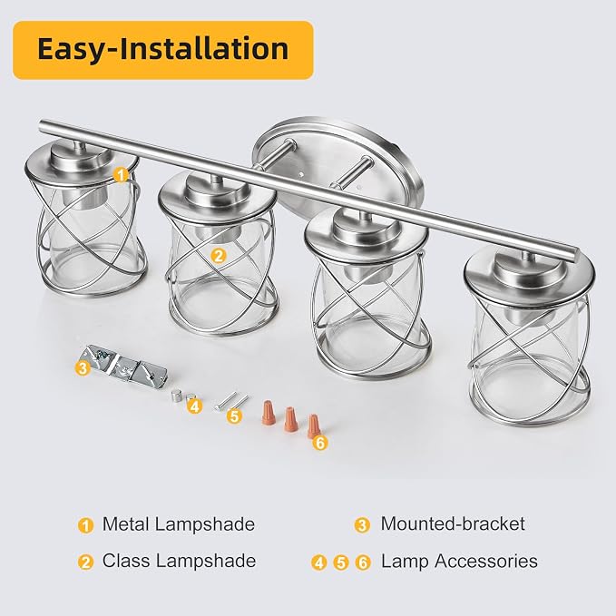 4-Lights Bathroom Vanity Lights, Bathroom Light Fixtures Over Mirror, Brushed Nickel Vanity Light, Farmhouse Wall Lights with Clear Glass Shade, Bathroom Wall Lamp for Mirror Kitchen Bedroom