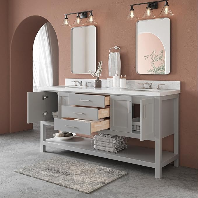 ARIEL 73" Grey Double Bathroom Vanity with 1.5" Edge Italian Carrara Marble Countertop & Splash, Rectangular Sinks, 4 Soft Closing Doors, 3 Dovetail Full Extensions Drawers, Brushed Nickel