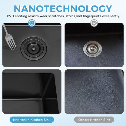 Kitsitchen Black RV Kitchen Sink,16 Guage T304 Stainless Steel Undermount Kitchen Sinks with Strainer & Bottom Gird, 23" x 16" x 7" Single Bowl Drop In Kitchen Sink Used at RV, Outdoor and Bathroom