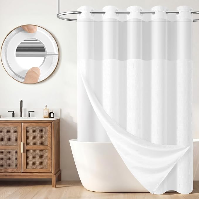 White Ringless Linen Textured Shower Curtain with Snap in Liner, 72x75 | 3 in 1 Hotel Shower Curtain Set, Removable Liner, Waterproof & Washable, Mesh Top Window, Durable Fabric, Easy to Install