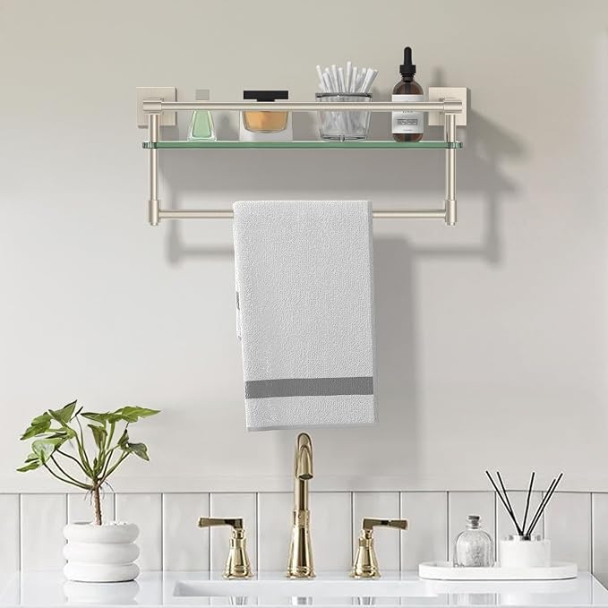 16-Inch Modern Glass Shelf with Towel Bar, 1-Shelf, Brushed Nickel Finish, Wall Mount, Bathroom Organizer
