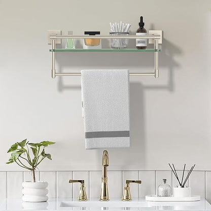 16-Inch Modern Glass Shelf with Towel Bar, 1-Shelf, Brushed Nickel Finish, Wall Mount, Bathroom Organizer
