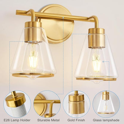 14" 2-Light Brushed Gold Modern Bathroom Vanity Light Fixtures Over Mirror | Clear Glass Shade, Heat-Resistant Ceramic E26 Socket, Wall Sconces, Rustproof, Fit 16–22 Inch Mirrors for Vanity Table