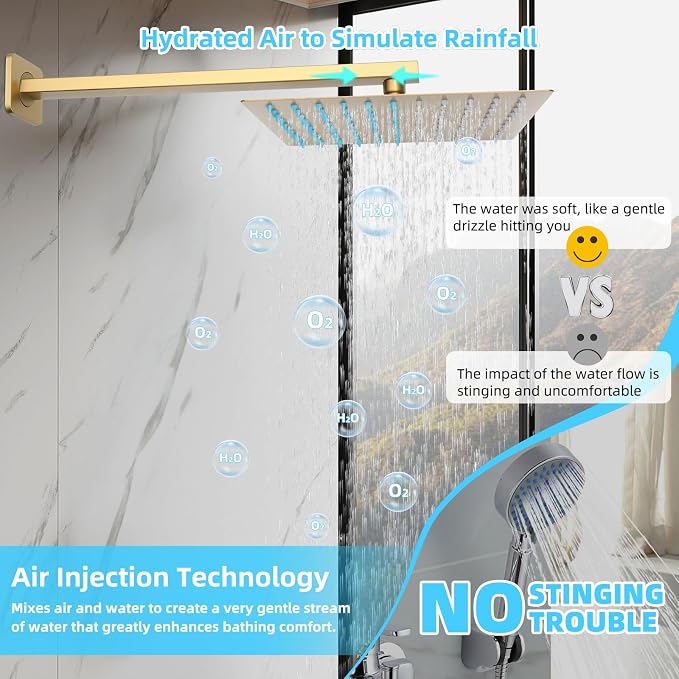 Bathroom Shower Faucet Set，10 Inch Rain Shower Head with Handheld Spray，Brass Shower Valve Trim Kit，Wall Mounted Square Rain Shower System (Brushed Gold)