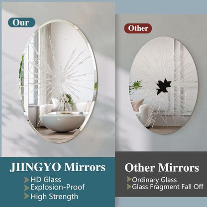 Frameless Oval Mirror, 18"x26" Oval Beveled Bathroom Mirrors | Frameless, 15mm beveled edge, 5mm HD glass, anti-rust, french cleat, horizontally or vertically, for bathroom/bedroom