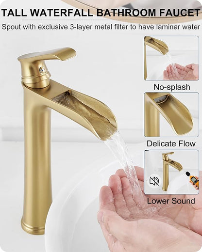 Vessel Sink Faucet, Tall Brass Waterfall Bathroom Faucet 1 Handle Gold Faucets for Bathroom Vanity 1 Hole with Pop-Up Drain & Supply Hoses