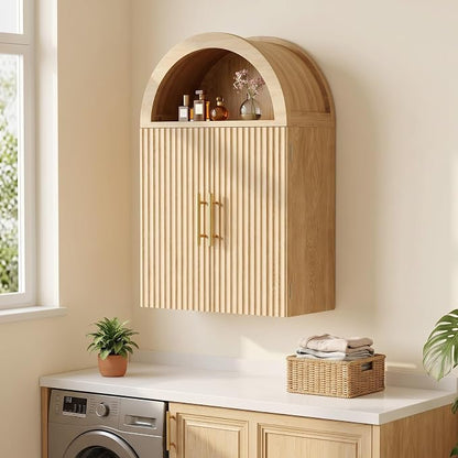Kalrin Arched Wall Cabinet, Large Wood Bathroom Cabinet Wall Mounted Cupboard, Modern Floating Storage Cabinet with Door Adjustable Shelf, Wood Organizer Light Oak