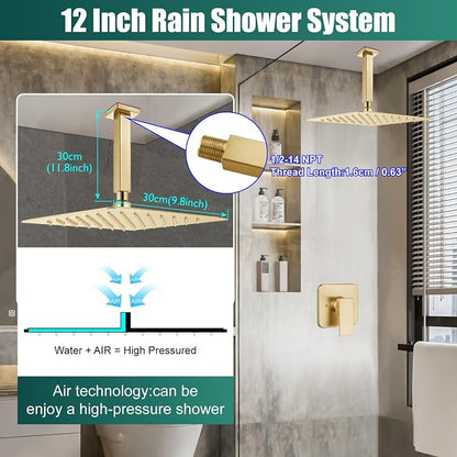 Heyalan 12-Inch Ceiling Mount Shower Faucet Set with Valve, Brushed Gold | Rainfall shower head, ceiling-mount design, SUS304 steel, adjustable angle, single-handle control