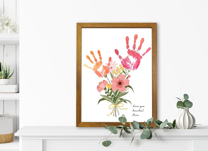 TwoDays Flower Bouquet Handprint Art Craft DIY Kit, Unique Gifts for Mom from Daughter or Son for Mother's Day Birthday Christmas, Gift for Grandma. (Floral-1, Brown)