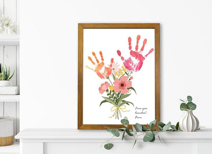 TwoDays Flower Bouquet Handprint Art Craft DIY Kit, Unique Gifts for Mom from Daughter or Son for Mother's Day Birthday Christmas, Gift for Grandma. (Floral-1, Brown)