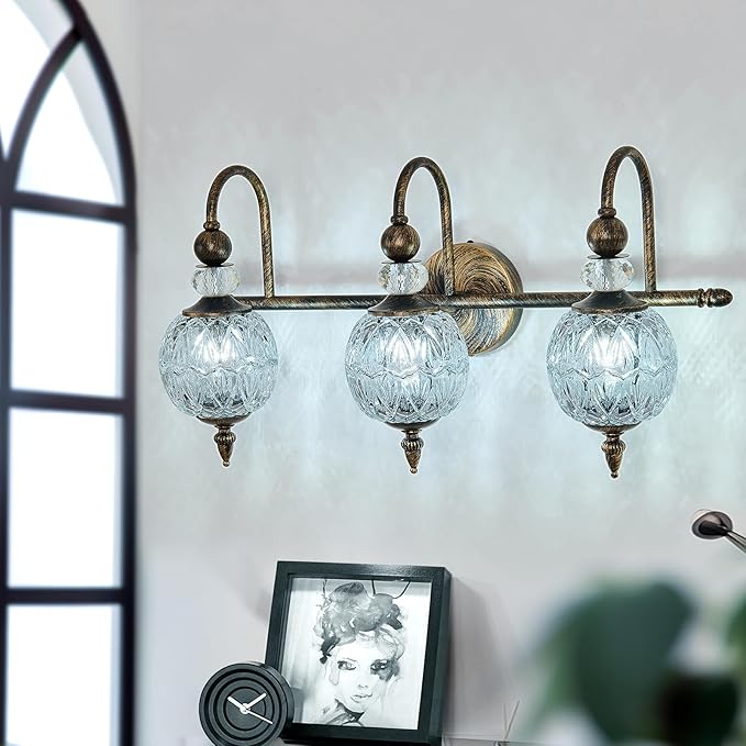 Vintage Bathroom Light Fixtures Bronze Vanity Light with Glass Globe LampShade 3 Lights Mid Century G9 Bulb Wall Sconce Indoor Vanity Light Over Mirror for Bedroom Farmhouse Hallway