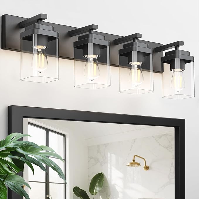 Black Bathroom Light Fixtures, 4 Lights Bathroom Lighting Fixtures Over Mirror, Square Design & Rectangle Large Backplate, Modern Vanity Lighting Fixtures, for Bathroom/Living Room/Bedroom