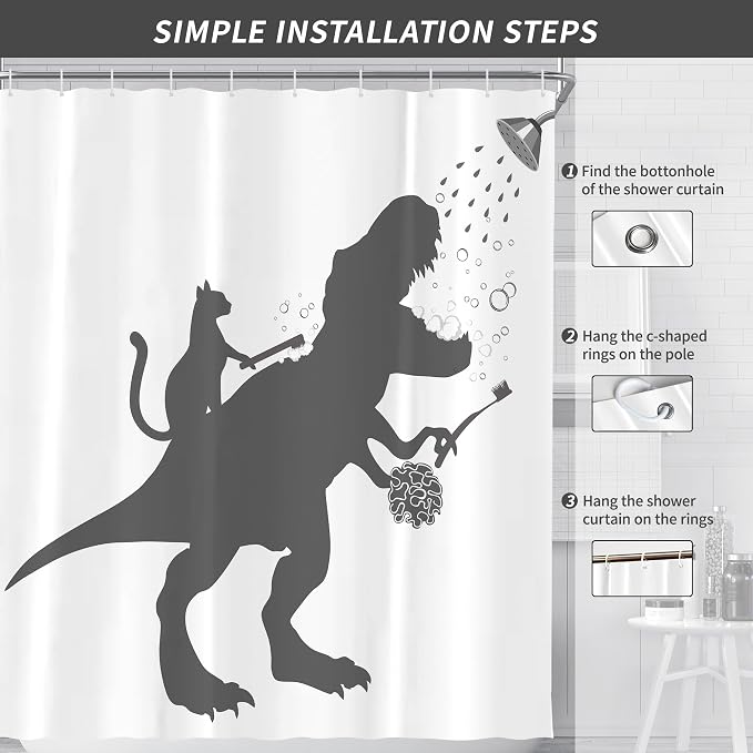 Funny Dino Dinosaur Cat Kids Boy Fun Shower Curtain for Bathroom 72W*72H Inch Trex Raptor Silhouette Bathing Cartoon Animal Shadow Bathtub Decor Teen Cute Waterproof Polyester Fabric Set with 12 Hooks