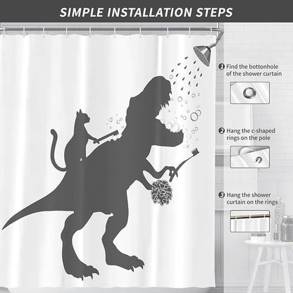 Funny Dino Dinosaur Cat Kids Boy Fun Shower Curtain for Bathroom 72W*72H Inch Trex Raptor Silhouette Bathing Cartoon Animal Shadow Bathtub Decor Teen Cute Waterproof Polyester Fabric Set with 12 Hooks