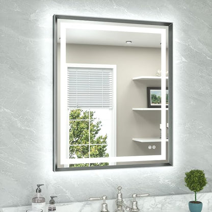 Led Bathroom Mirror 30 x 36 with Brushed Gunmetal Gray/Off‑Black Frame Anti-Fog Frontlit & Backlit Vanity Mirror Stepless Dimmable Lighted Mirrors for Bathroom Wall