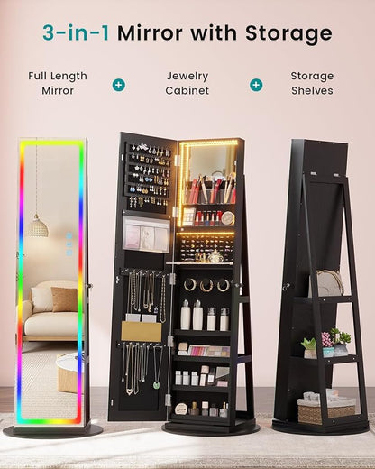 Vlskra Mirror Jewelry Cabinet Standing with Full Length LED Mirror, Black | Lockable Jewelry Armoire with 14 RGB Color Modes, Rotating Jewelry Organizer with Dustproof Lock, Gift Idea for Women, Girls