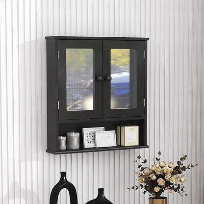 TaoHFE Black Medicine Cabinet, 2 Doors 3 Open Shelf, Wall Mounted Wooden Storage Cabinet Over Toilet