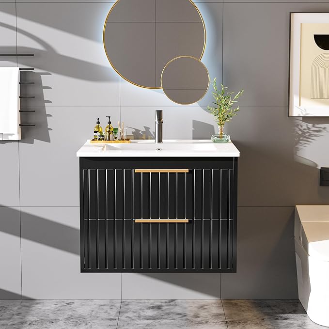 24" Bathroom Vanity with Sink, Floating Vanity Bathroom Sink Cabinet Wall Mount, Soft-Close Function 2 Large Drawers, Grooved Stripe Design, Hidden Damping Drawers, Black