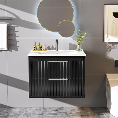 24" Bathroom Vanity with Sink, Floating Vanity Bathroom Sink Cabinet Wall Mount, Soft-Close Function 2 Large Drawers, Grooved Stripe Design, Hidden Damping Drawers, Black