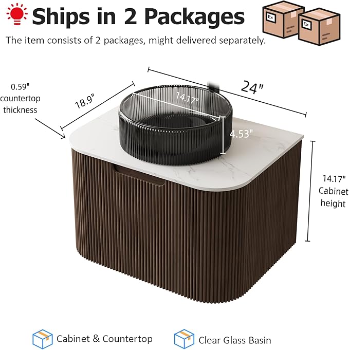 24" Modern Floating Bathroom Vanity with Sink, Wall-Mounted Cabinet with Transparent Black Glass Basin and Marble Top, Extra Soft-Close Large Storage Drawer, Pre-Assembled, Dark Walnut