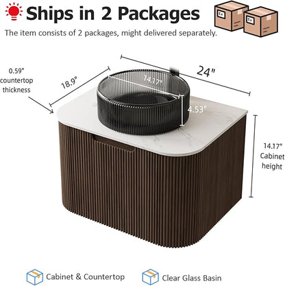 24" Modern Floating Bathroom Vanity with Sink, Wall-Mounted Cabinet with Transparent Black Glass Basin and Marble Top, Extra Soft-Close Large Storage Drawer, Pre-Assembled, Dark Walnut