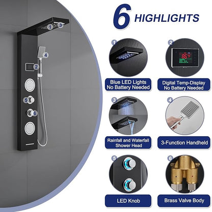 ROVATE LED Shower Panel Tower System - Rainfall Waterfall Shower, Round Body Jets, Handheld and Tub Spout, Digital Temp-Display, LED Knob, No Battery Needed 5-in-1 Stainless Steel Shower Column Black