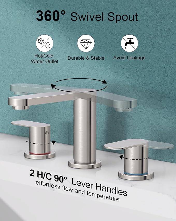 BWE 2 Pack Brushed Nickel Bathroom Faucet for Sink 3 Hole, Stainless Steel Widespread Bathroom Faucets with Pop-up Drain and Supply Lines, 360° Swivel Spout 2-Handle Bathroom Sink Faucet for Vanity